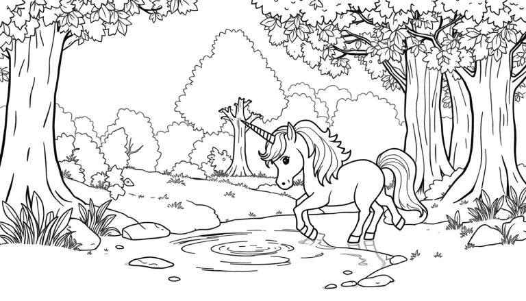 Ein Einhorn trinkt aus einem Teich in einem Wald, eine Schwarz-Weiß-Farbtafel.