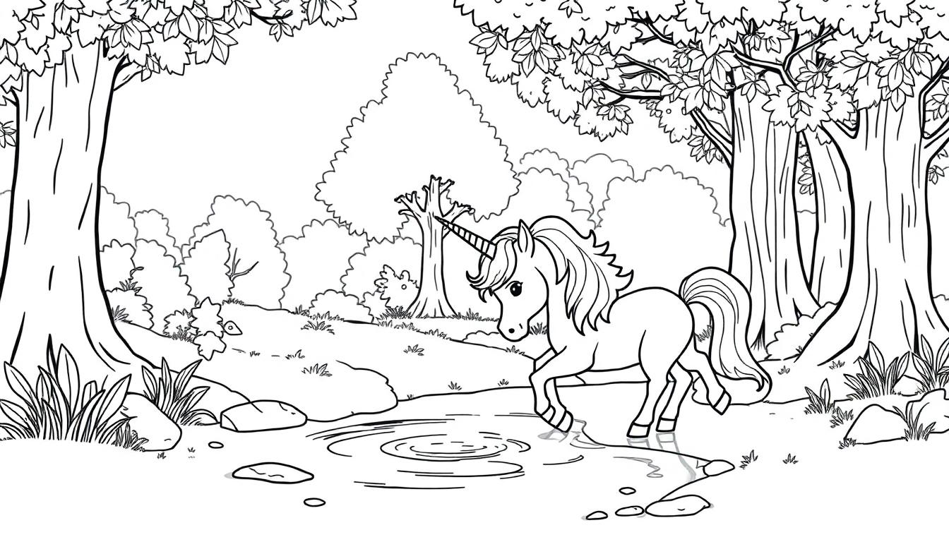 Ein Einhorn trinkt aus einem Teich in einem Wald, eine Schwarz-Weiß-Farbtafel.