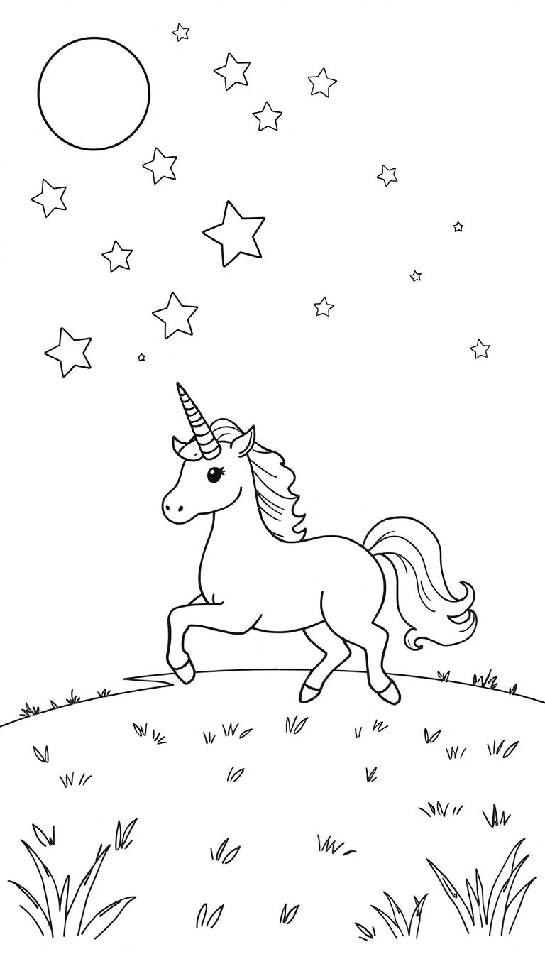 Einhorn steht in einer Hügellandschaft unter einem Sternenhimmel.