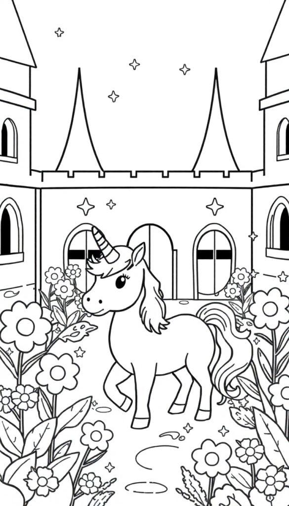 Ein Einhorn mit einer wallenden Mähne und einem spiralförmigen Horn steht in einem Garten vor einem Schloss.