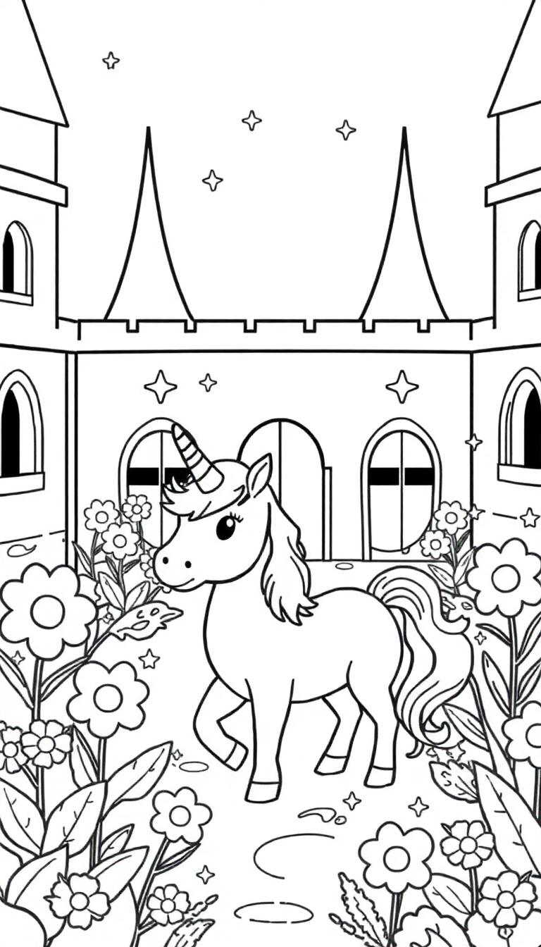 Ein Einhorn mit einer wallenden Mähne und einem spiralförmigen Horn steht in einem Garten vor einem Schloss.
