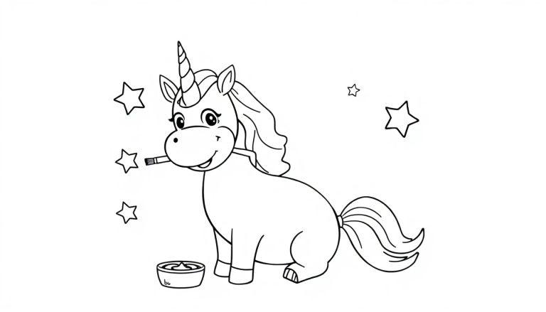 Schwarz-weiße Farbtafel mit einem Cartoon-Einhorn, das Sterne malt.