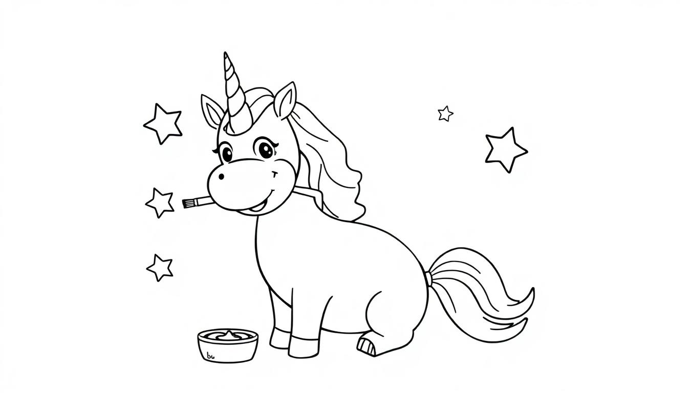 Schwarz-weiße Farbtafel mit einem Cartoon-Einhorn, das Sterne malt.
