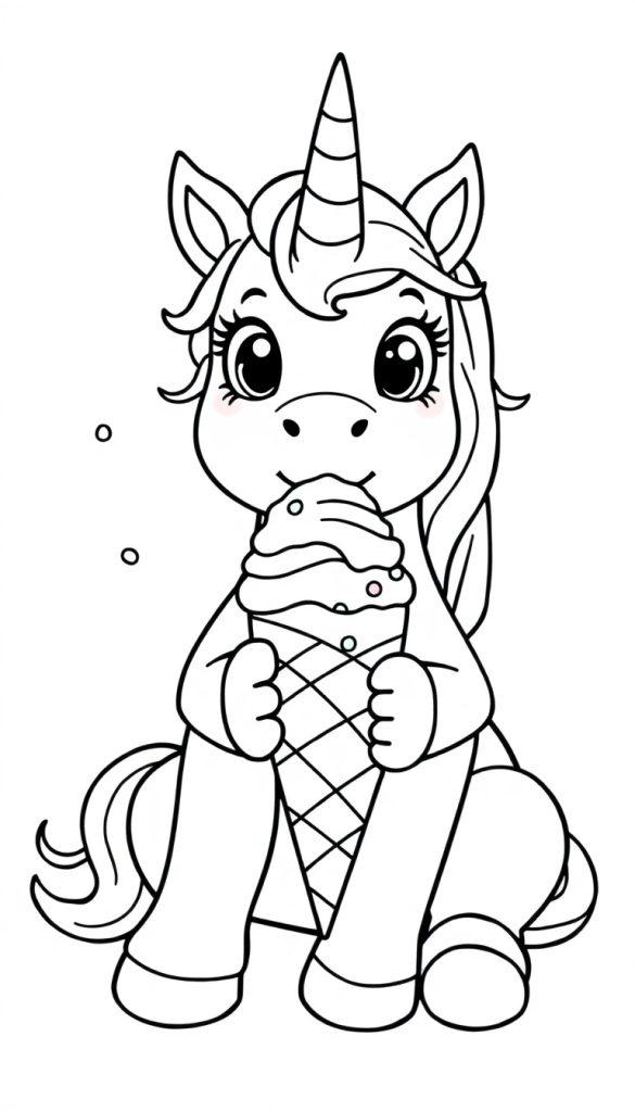 Ein niedliches Cartoon-Einhorn sitzt und hält ein Eis mit bunten Streuseln.