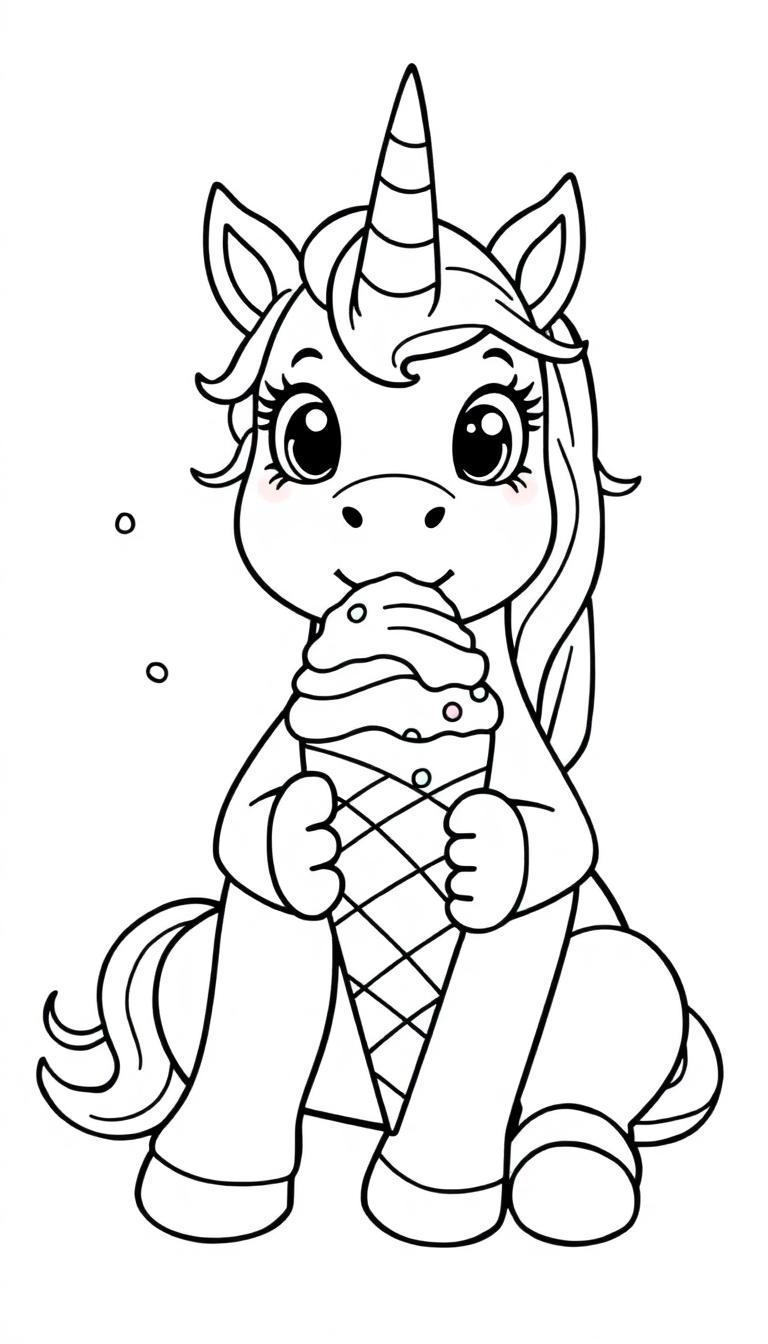Ein niedliches Cartoon-Einhorn sitzt und hält ein Eis mit bunten Streuseln.