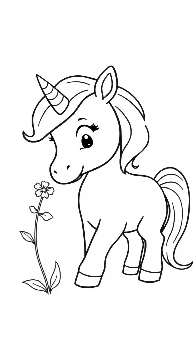 Eine süße, schwarz-weiße Cartoon-Zeichnung eines Einhorns schnuppert an einer Blume.