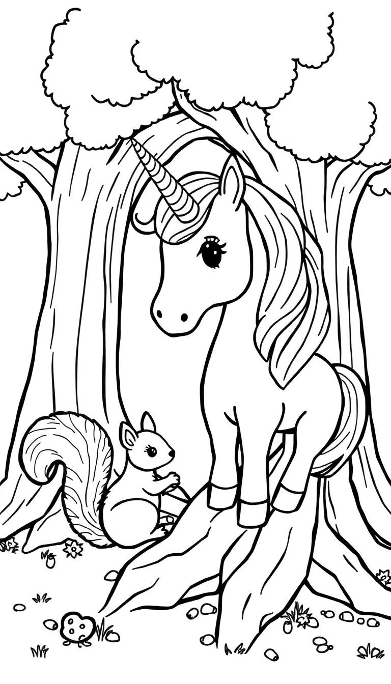 Ein süßes Einhorn mit einem glänzenden Horn und ein kleines Eichhörnchen mit buschigem Schwanz sitzen friedlich nebeneinander auf einem Baumstumpf in einem Wald.