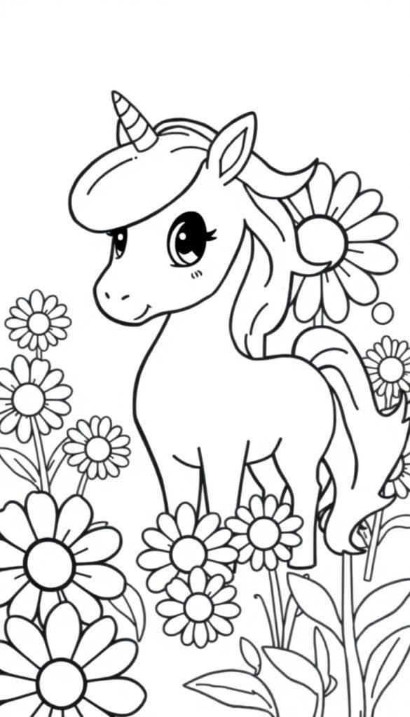 Schwarz-weiße Zeichnung eines niedlichen, cartoonhaften Einhorns mit großen Augen und einem Lächeln, das in einem Feld mit Gänseblümchen steht.