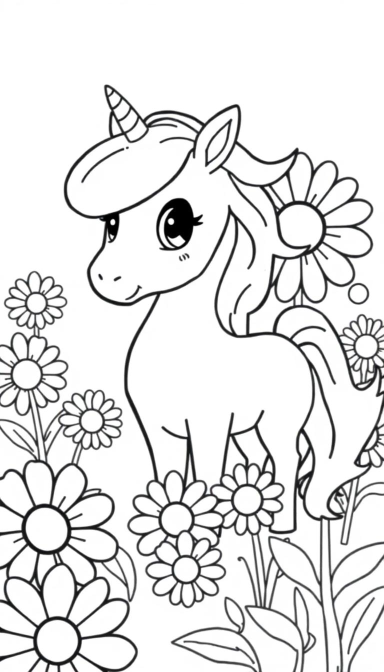 Schwarz-weiße Zeichnung eines niedlichen, cartoonhaften Einhorns mit großen Augen und einem Lächeln, das in einem Feld mit Gänseblümchen steht.