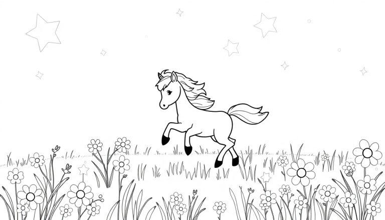 Eine Farbtafel eines niedlichen Einhornfohlens, das auf einer blühenden Wiese unter einem sternenklaren Himmel spielt.