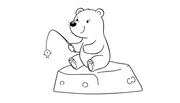 Eine süße Schwarz-Weiß-Farbtafel eines Cartoon-Eisbären, der auf einem Felsen angelt.