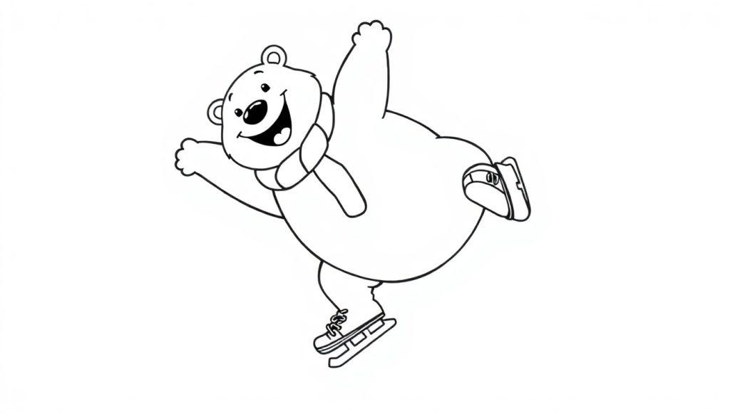 Eine schwarz-weiße Farbtafel eines freundlichen Eisbären, der Schlittschuh läuft und einen Salto macht.
