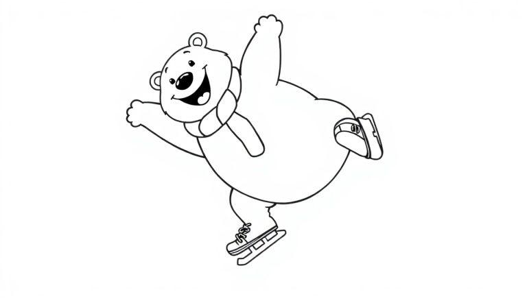 Eine schwarz-weiße Farbtafel eines freundlichen Eisbären, der Schlittschuh läuft und einen Salto macht.
