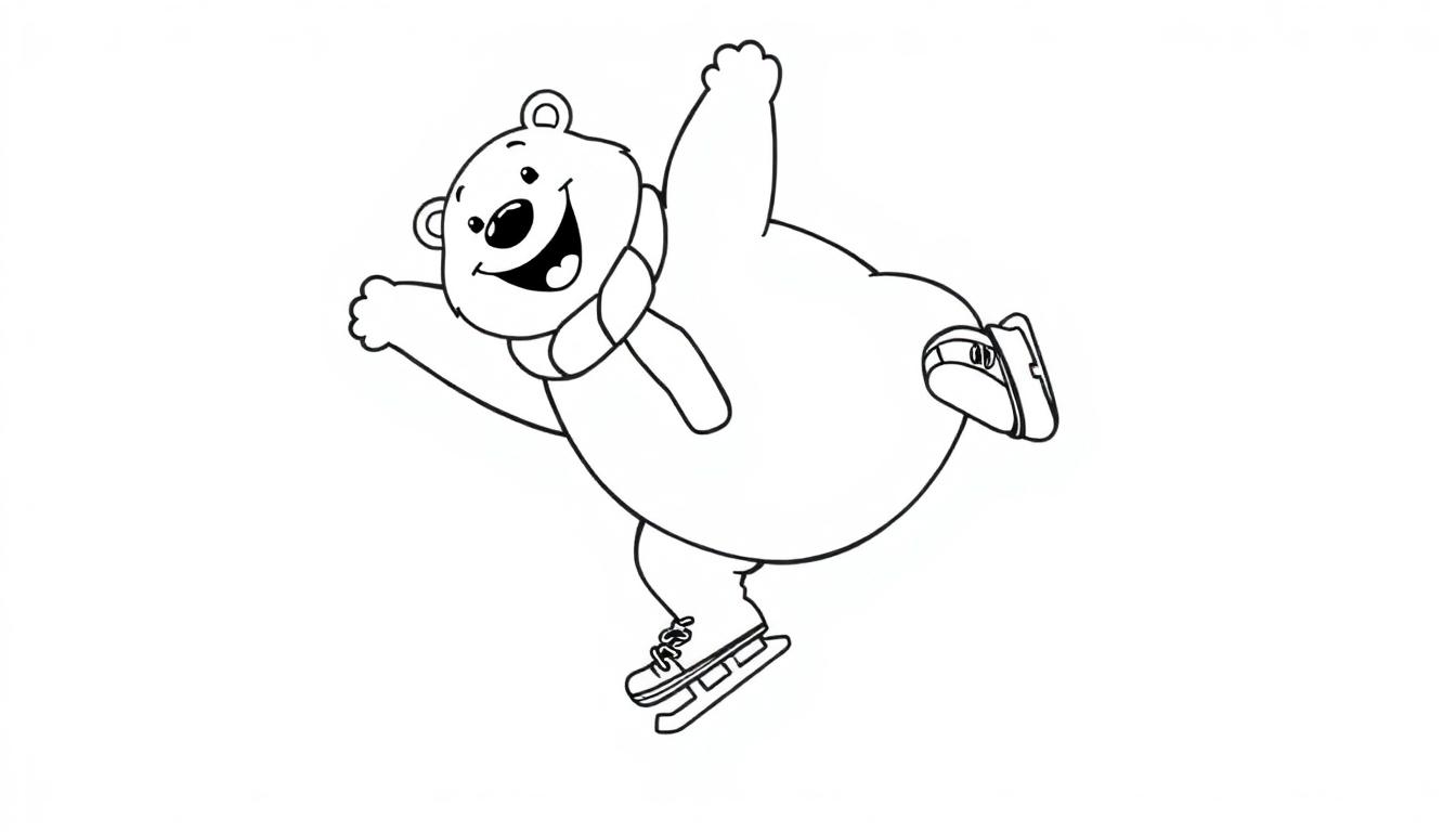 Eine schwarz-weiße Farbtafel eines freundlichen Eisbären, der Schlittschuh läuft und einen Salto macht.