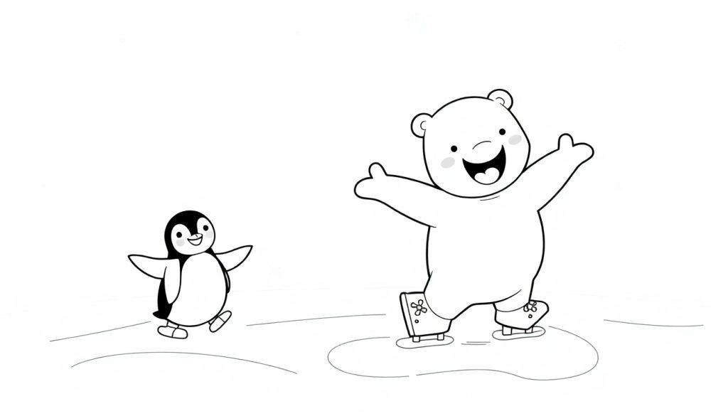 Eine Farbtafel-Zeichnung eines fröhlichen Eisbären und eines Pinguins, die auf dem Eis Schlittschuh laufen.