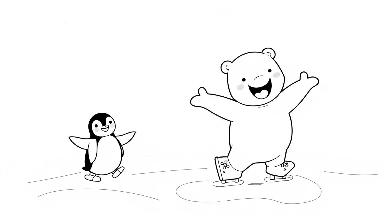 Eine Farbtafel-Zeichnung eines fröhlichen Eisbären und eines Pinguins, die auf dem Eis Schlittschuh laufen.