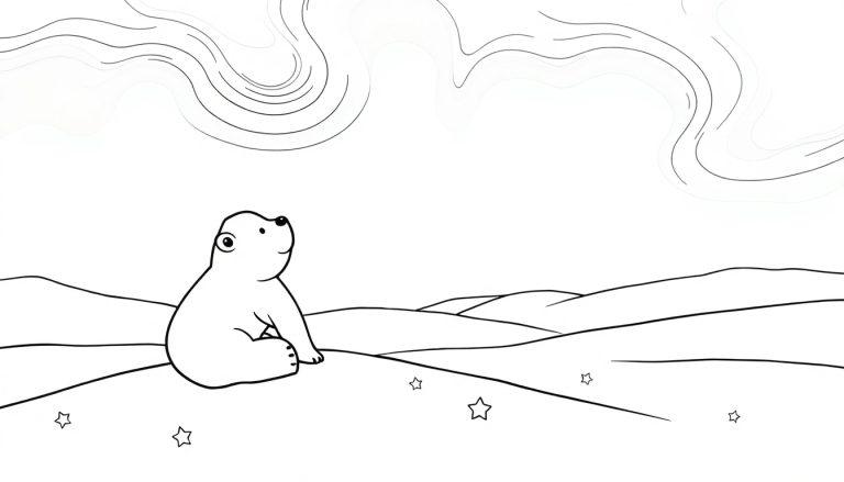 Ein schwarz-weißer Eisbär sitzt auf Schnee, mit einer Farbtafel des Polarlichts und kleinen Sternen zum Ausmalen.