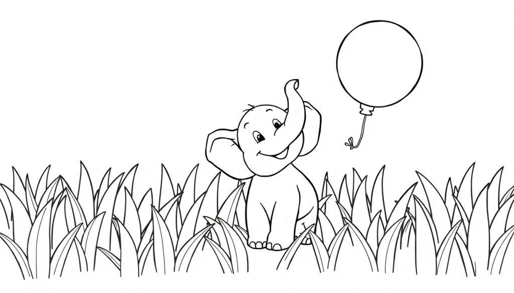 Ein niedlicher Elefant mit einem Ballon im hohen Gras. Eine Schwarz-Weiß-Farbtafel für Kinder.