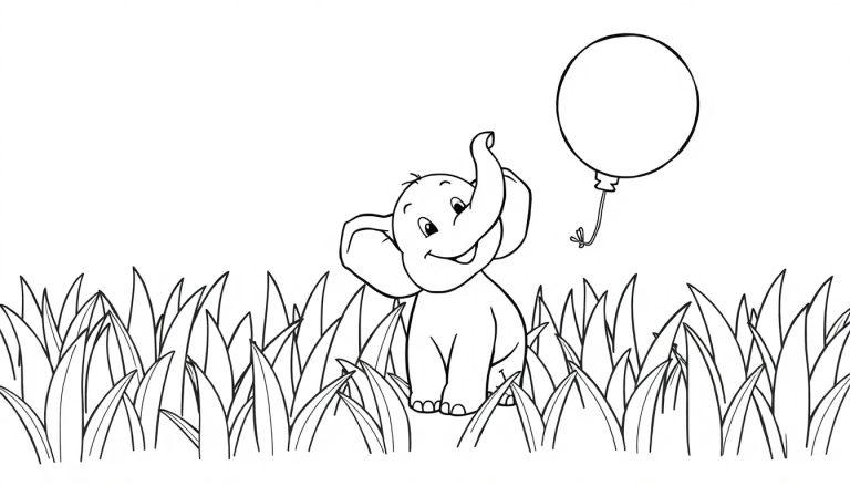 Ein niedlicher Elefant mit einem Ballon im hohen Gras. Eine Schwarz-Weiß-Farbtafel für Kinder.