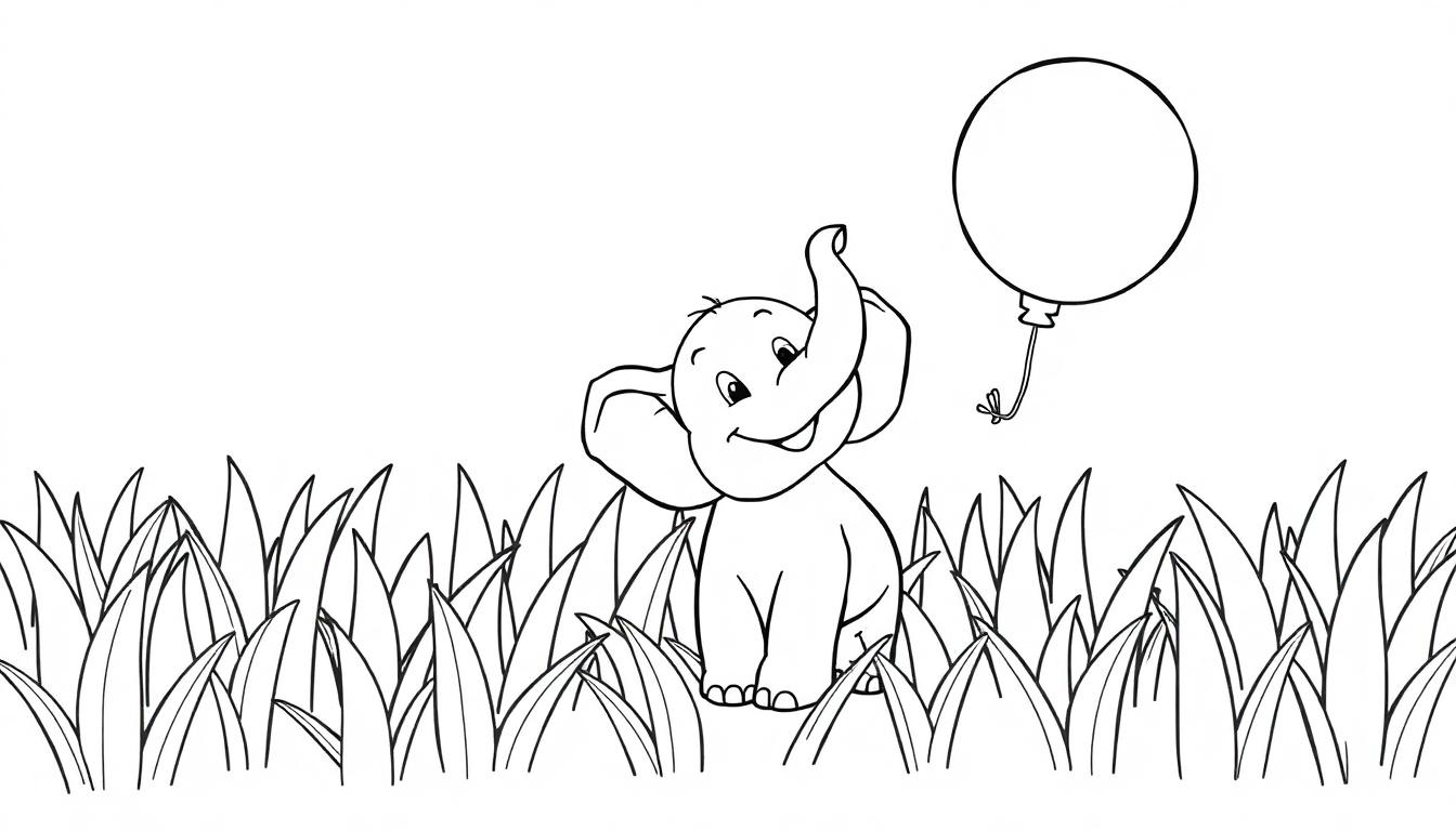 Ein niedlicher Elefant mit einem Ballon im hohen Gras. Eine Schwarz-Weiß-Farbtafel für Kinder.