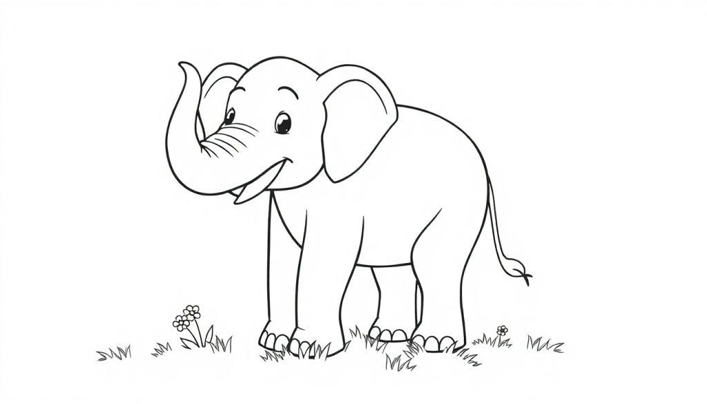 Ein freundlicher Elefant als Schwarz-Weiß-Farbtafel, bereit zum Ausmalen.
