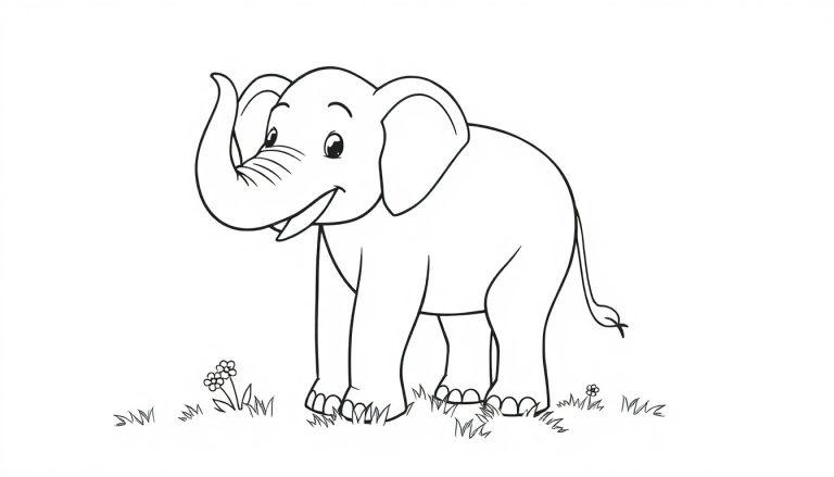 Ein freundlicher Elefant als Schwarz-Weiß-Farbtafel, bereit zum Ausmalen.