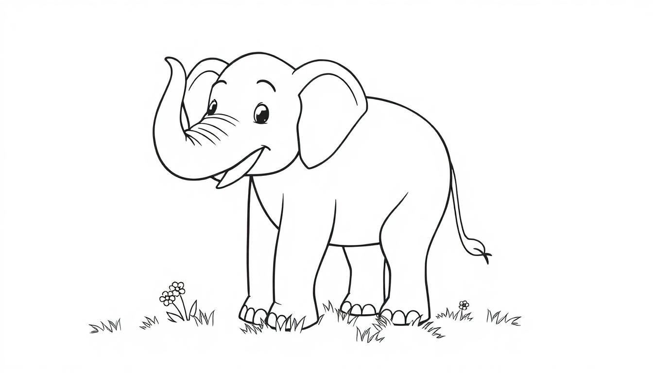 Ein freundlicher Elefant als Schwarz-Weiß-Farbtafel, bereit zum Ausmalen.