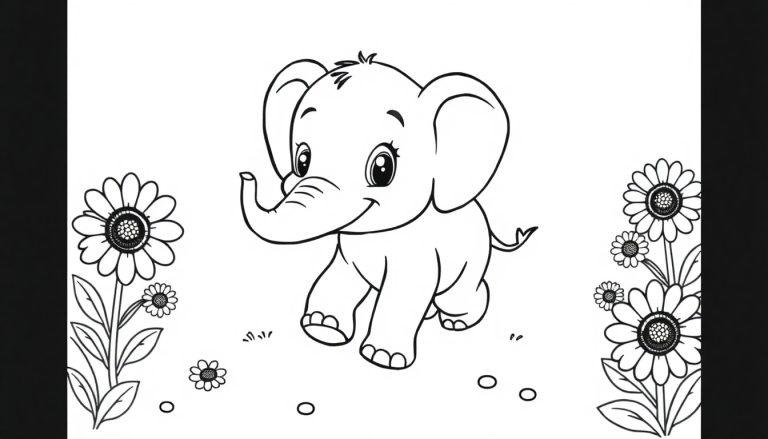 Eine niedliche Schwarz-Weiß-Farbtafel eines Cartoon-Elefanten in einer Blumenwiese.