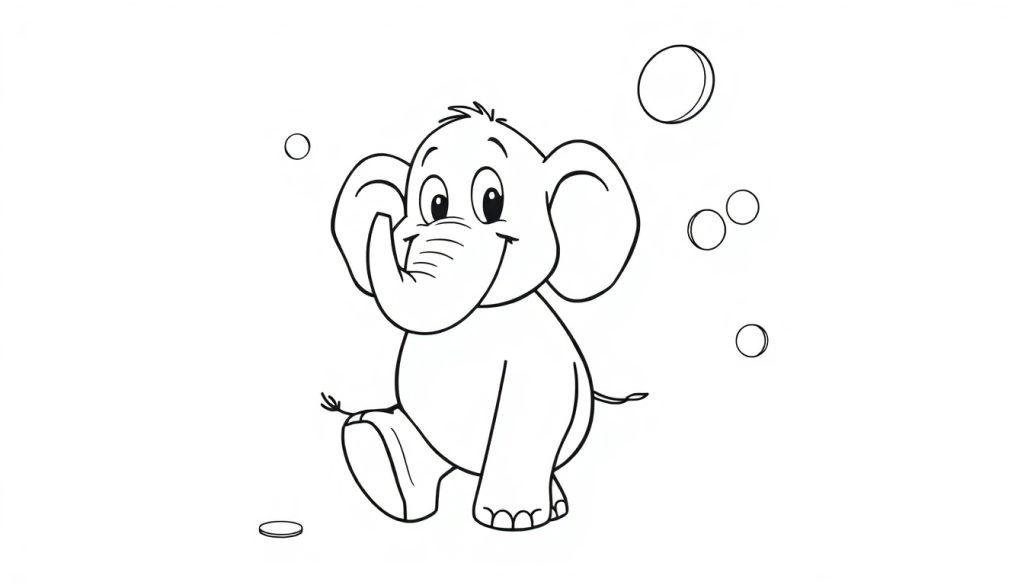 Ein freundlicher Elefant spielt mit bunten Farbkreisen, eine schwarz-weiße Farbtafel für Kinder.