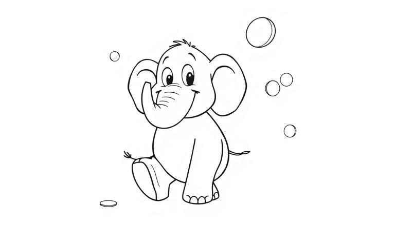 Ein freundlicher Elefant spielt mit bunten Farbkreisen, eine schwarz-weiße Farbtafel für Kinder.