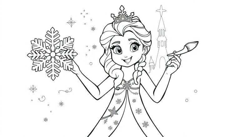Elsa als niedliche Schneekönigin, malt mit Glitzer auf einem Eispalast, Schwarz-weiß zum Ausmalen, Farbtafel.