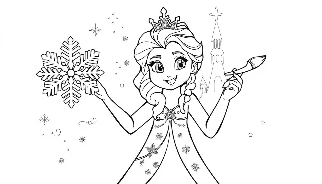 Elsa als niedliche Schneekönigin, malt mit Glitzer auf einem Eispalast, Schwarz-weiß zum Ausmalen, Farbtafel.