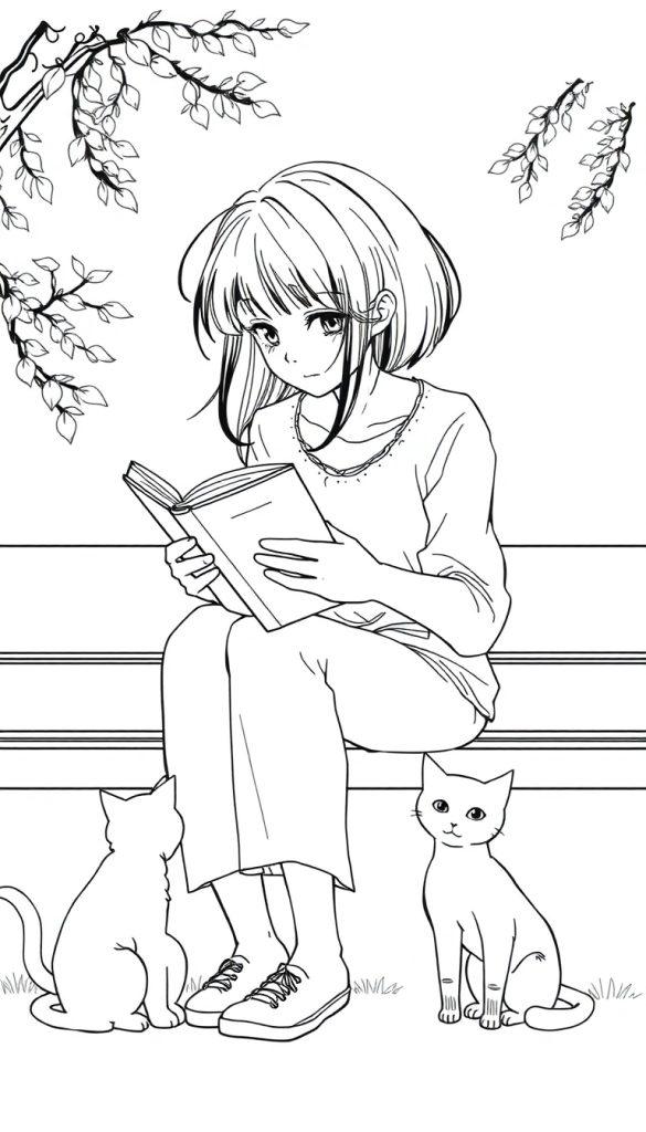 Manga-Mädchen liest auf einer Bank mit zwei Katzen und Blättern im Hintergrund
