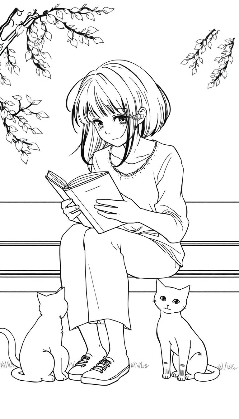 Manga-Mädchen liest auf einer Bank mit zwei Katzen und Blättern im Hintergrund