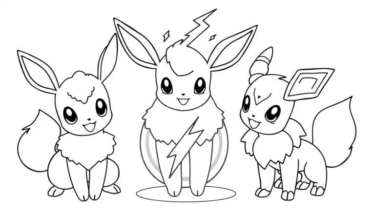 Drei Evoli-Figuren im Schwarz-Weiß-Cartoon-Stil zum Ausmalen.