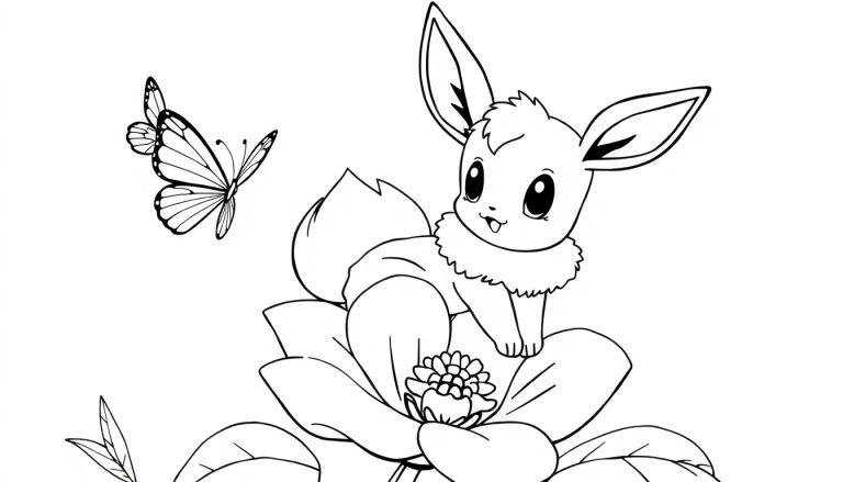 Evoli sitzt auf einer großen Blume mit einem Schmetterling daneben.