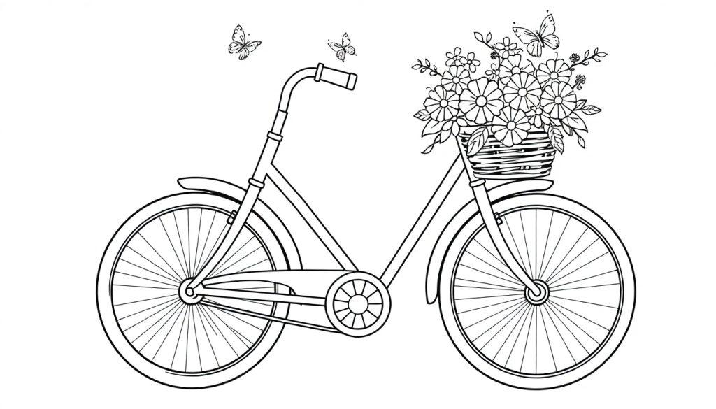 Schwarz-weißes Ausmalbild eines Fahrrades mit Blumen im Korb und Schmetterlingen, eine Farbtafel.