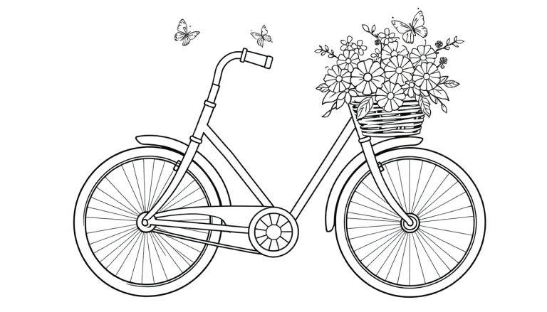 Schwarz-weißes Ausmalbild eines Fahrrades mit Blumen im Korb und Schmetterlingen, eine Farbtafel.