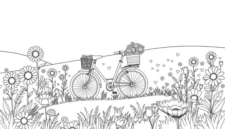 Schwarz-weiß Ausmalbild einer Farbtafel mit einem Fahrrad in einer Blumenwiese.