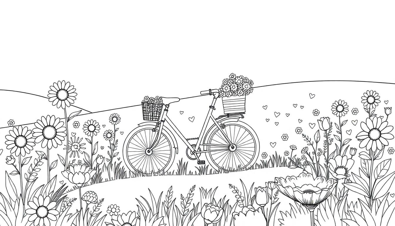 Schwarz-weiß Ausmalbild einer Farbtafel mit einem Fahrrad in einer Blumenwiese.