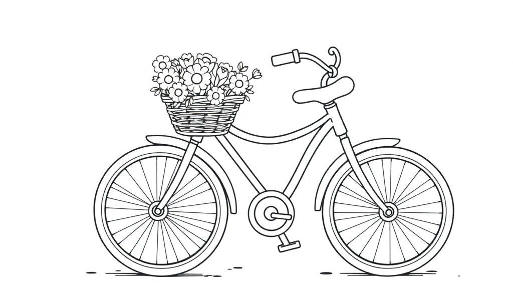 Schwarz-weiß Ausmalbild eines Vintage-Fahrrads mit Blumen im Korb, eine Farbtafel zum Ausmalen.