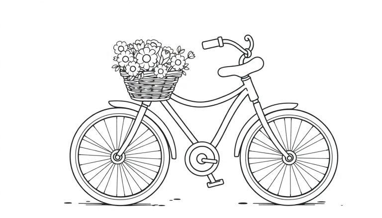 Schwarz-weiß Ausmalbild eines Vintage-Fahrrads mit Blumen im Korb, eine Farbtafel zum Ausmalen.