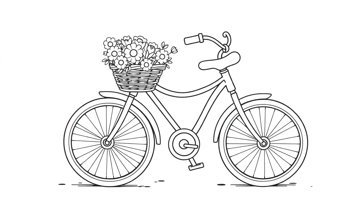 Schwarz-weiß Ausmalbild eines Vintage-Fahrrads mit Blumen im Korb, eine Farbtafel zum Ausmalen.