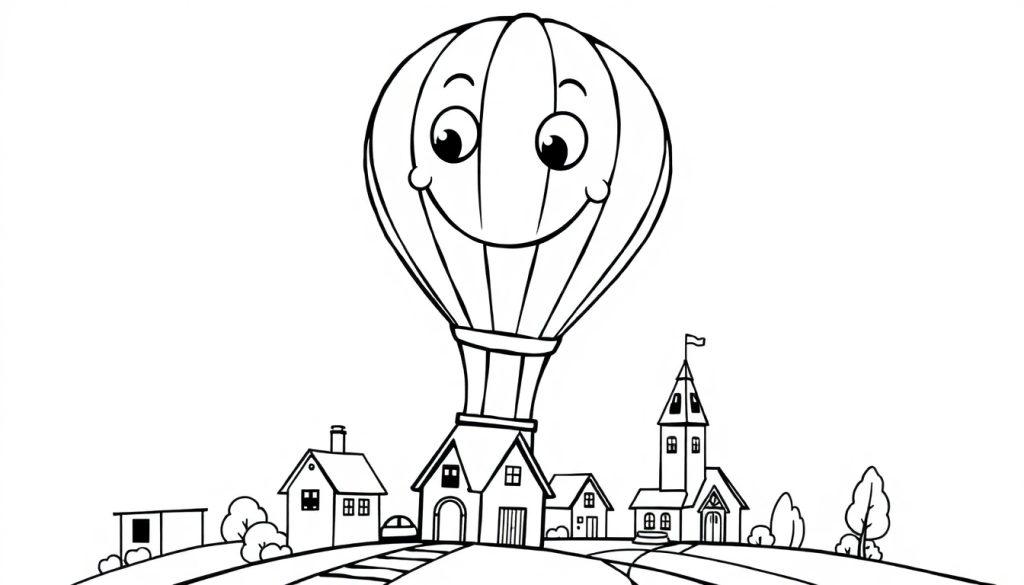 Schwarz-Weiß-Malvorlage einer freundlich lächelnden Farbtafel-Ballon über einem cartoonartigen Dorf.