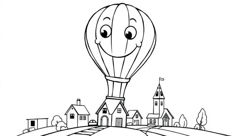 Schwarz-Weiß-Malvorlage einer freundlich lächelnden Farbtafel-Ballon über einem cartoonartigen Dorf.