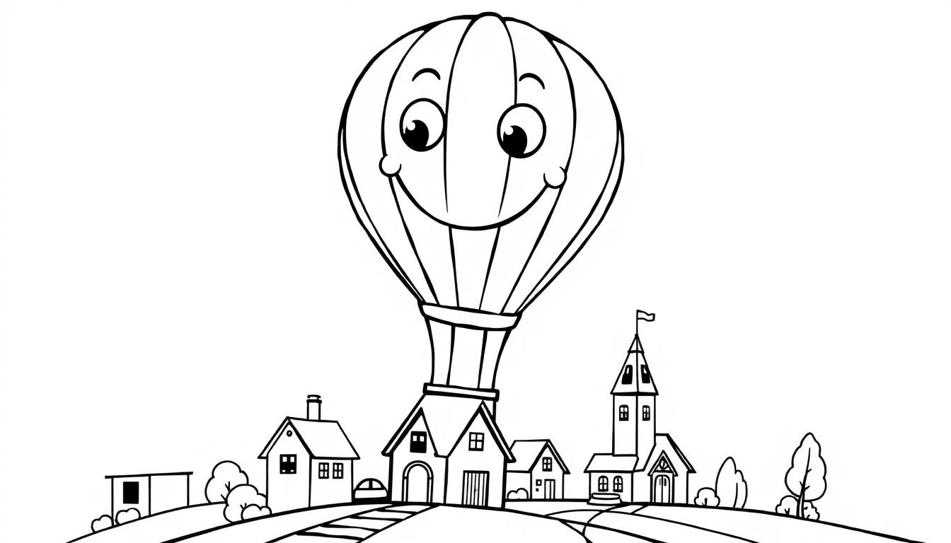 Schwarz-Weiß-Malvorlage einer freundlich lächelnden Farbtafel-Ballon über einem cartoonartigen Dorf.