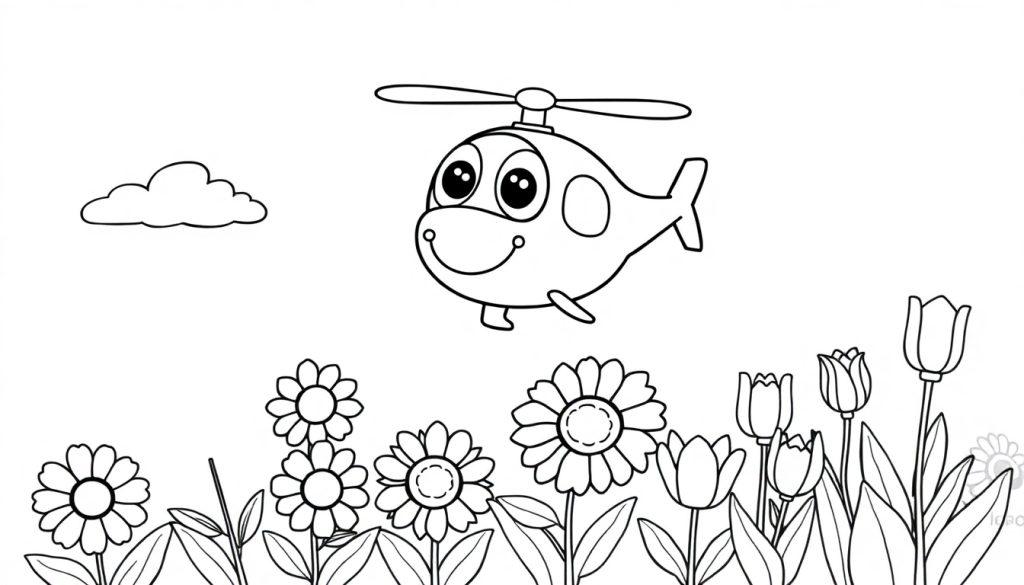 Eine freundliche Farbtafel-Zeichnung eines Cartoon-Hubschraubers mit großen Augen, der über ein Feld mit Blumen fliegt.