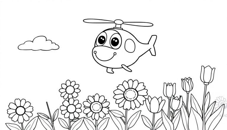 Eine freundliche Farbtafel-Zeichnung eines Cartoon-Hubschraubers mit großen Augen, der über ein Feld mit Blumen fliegt.