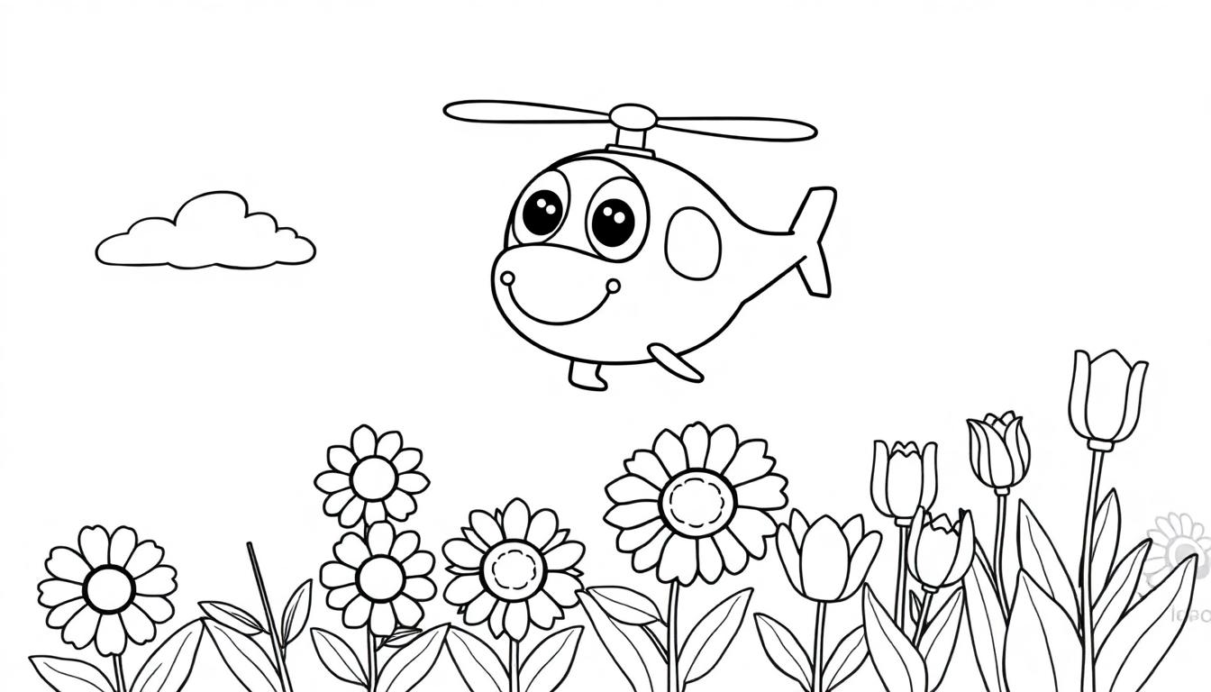 Eine freundliche Farbtafel-Zeichnung eines Cartoon-Hubschraubers mit großen Augen, der über ein Feld mit Blumen fliegt.