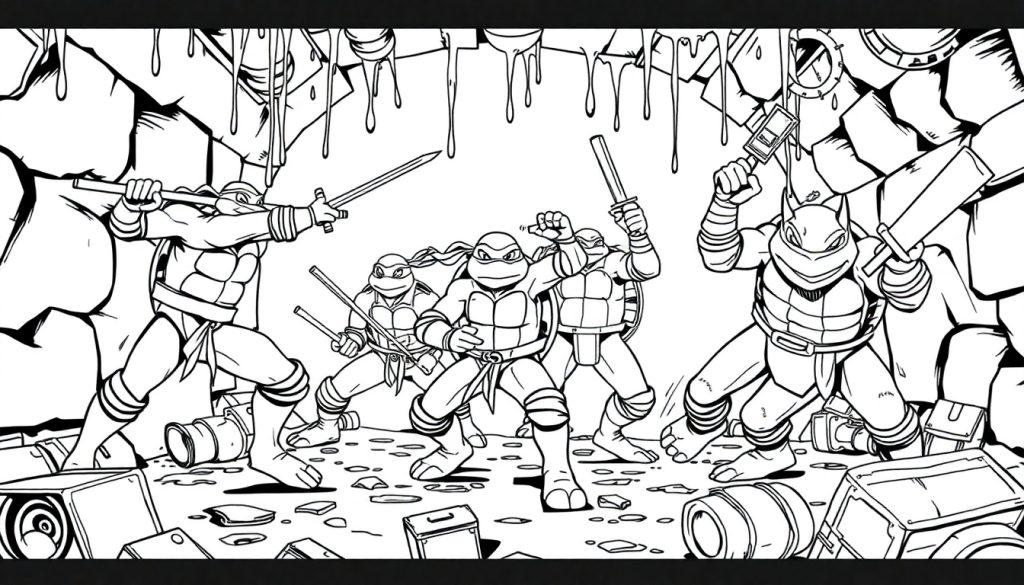 Farbtafel: Teenage Mutant Ninja Turtles bereit für den Kampf in der Kanalisation.